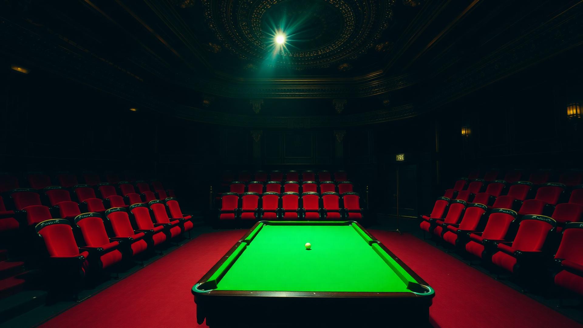 The Crucible theatre interior with a single snooker table under a spotlight